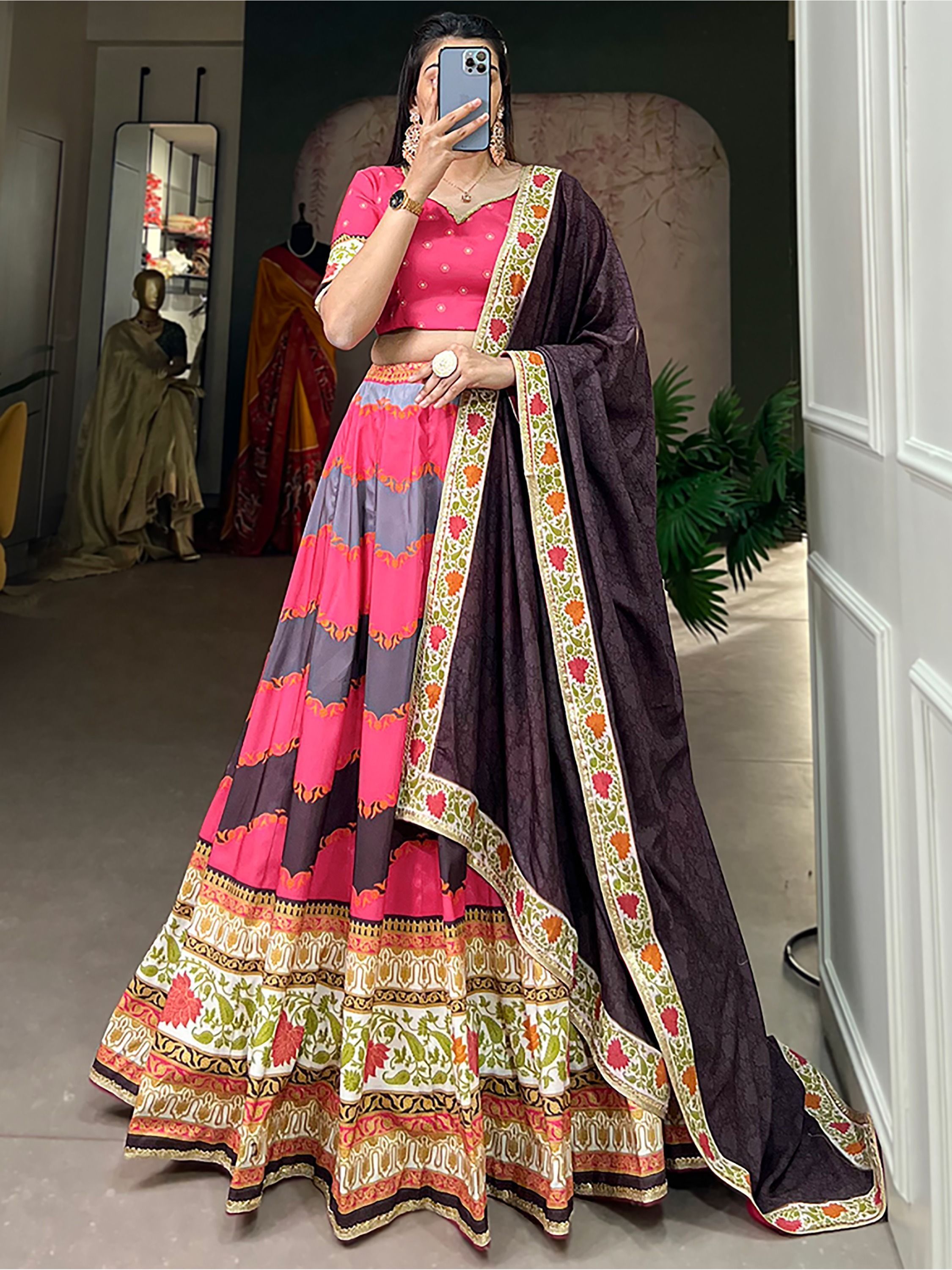 Pink & Multi Printed Silk Garba Special Chaniya Choli