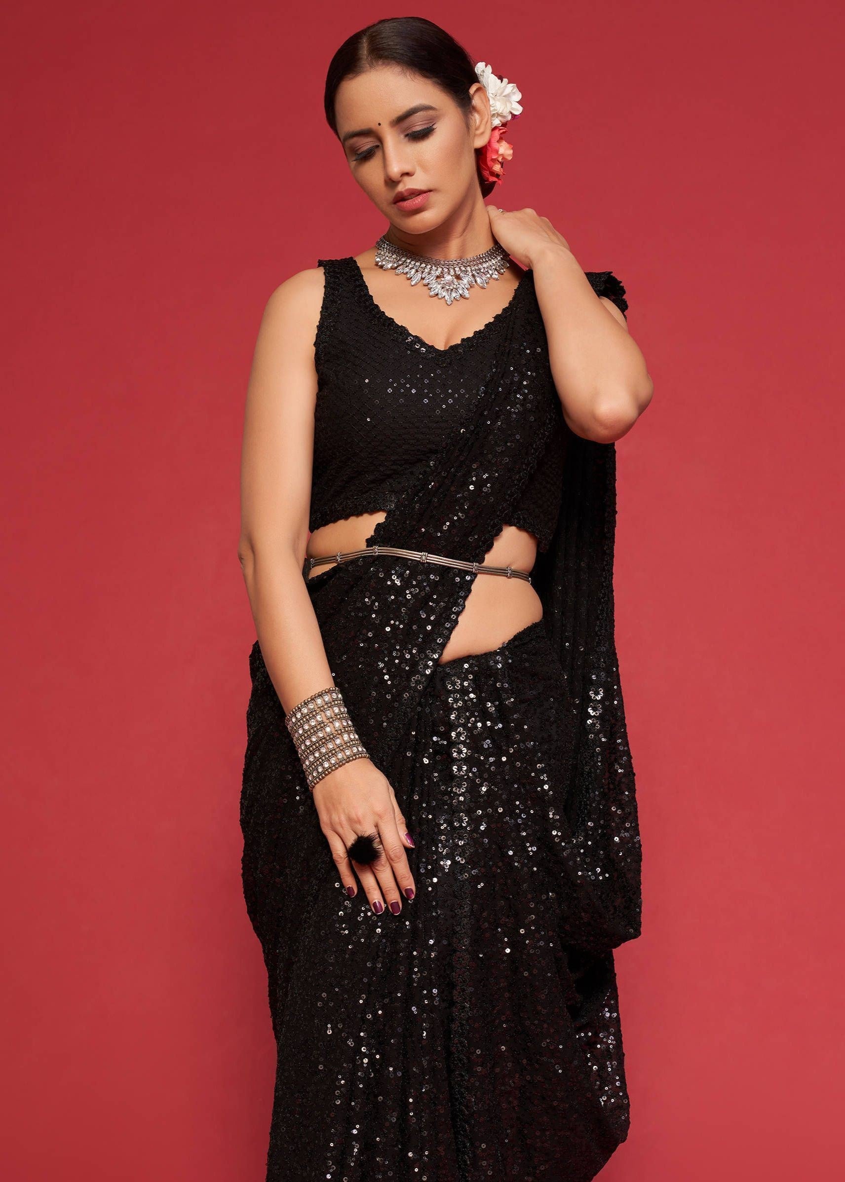 Kohl Black Fully Sequenced Georgette Saree With Blouse