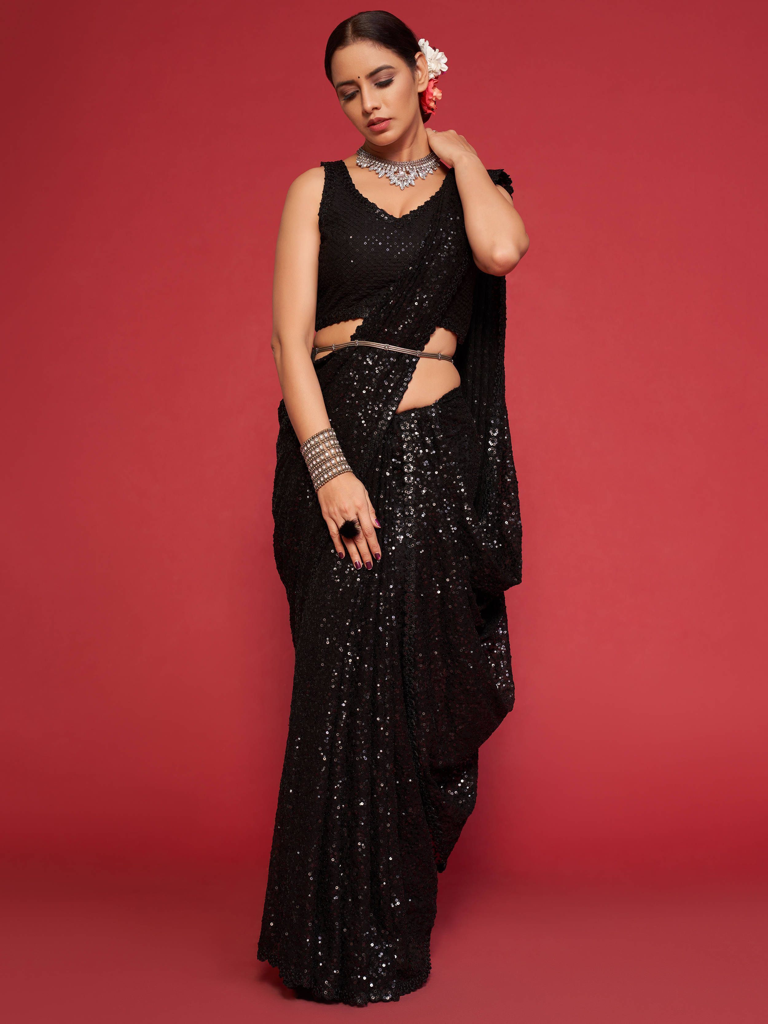 Kohl Black Fully Sequenced Georgette Saree With Blouse