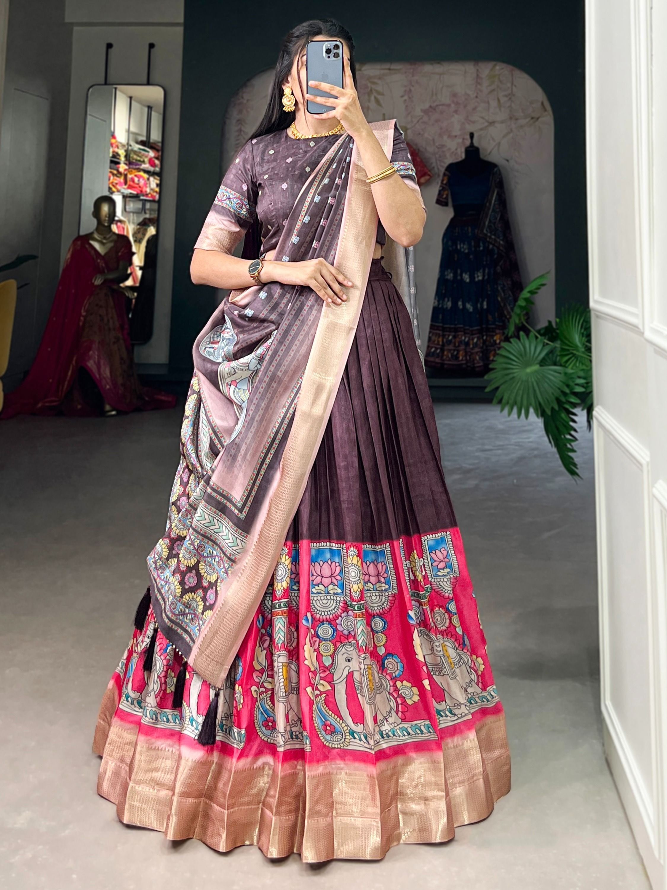 Burgundy Navratri Special Kalamkari Printed Silk Lehenga Choli