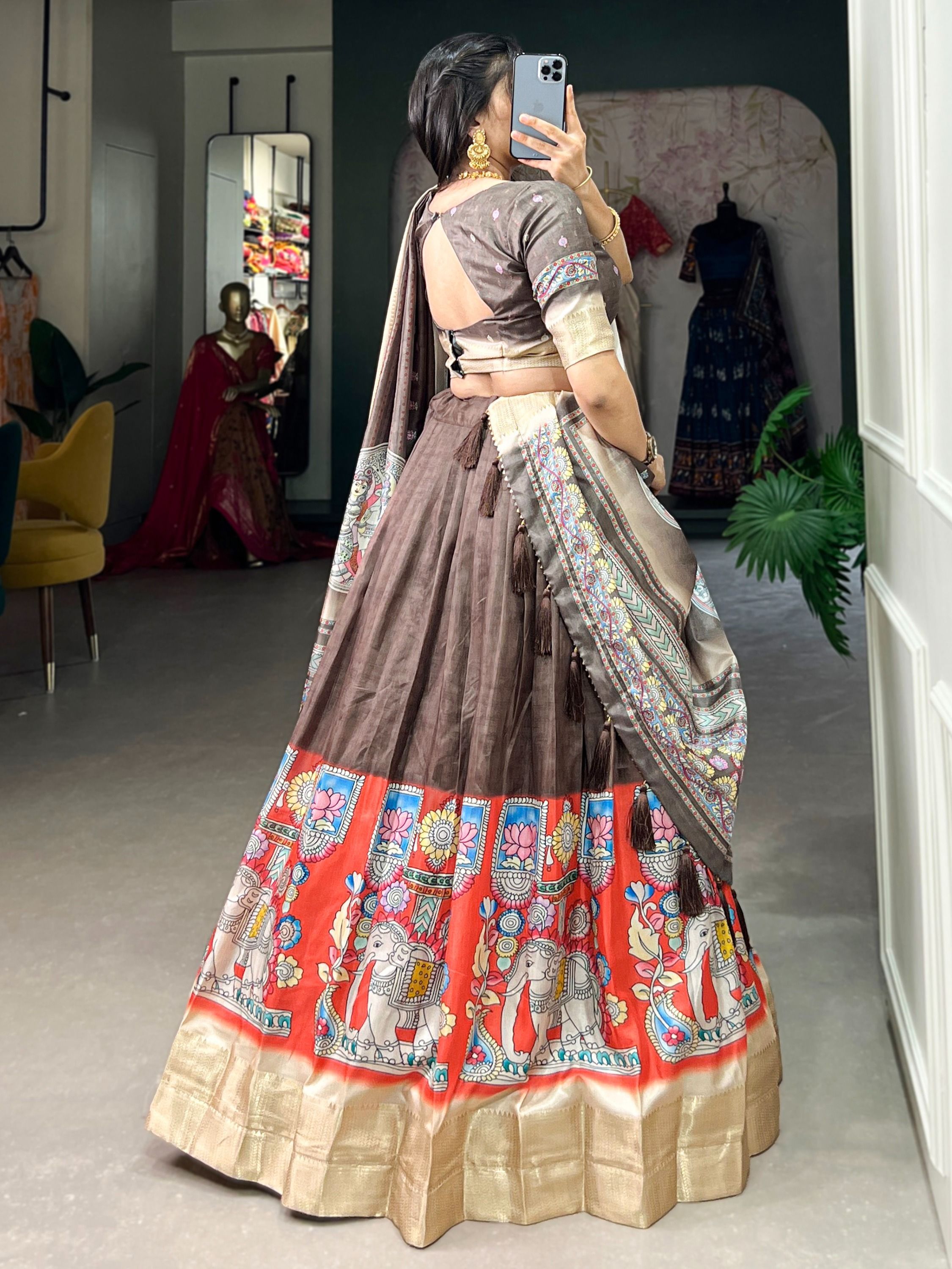 Brown Navratri Special Kalamkari Printed Silk Lehenga Choli