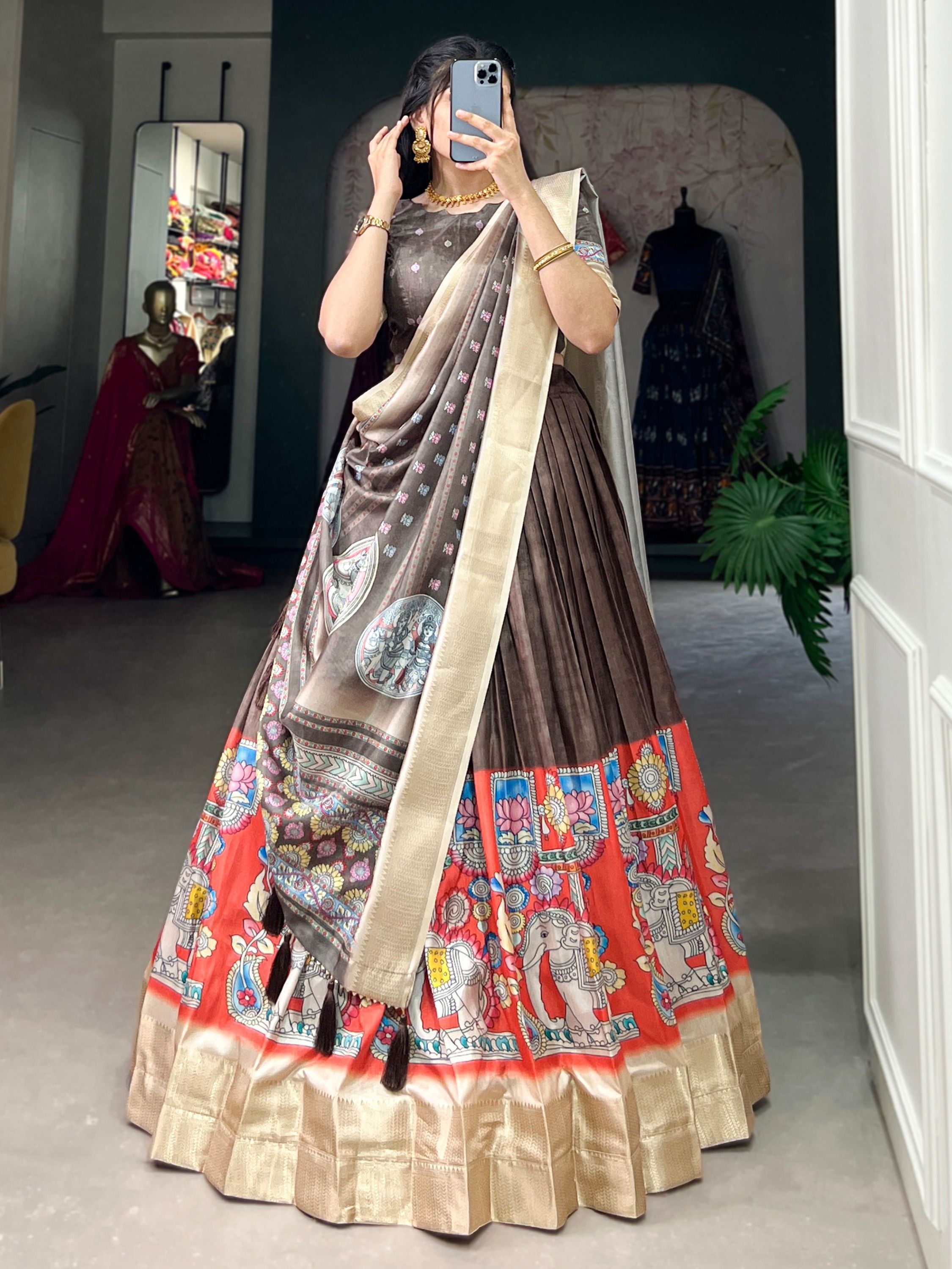 Brown Navratri Special Kalamkari Printed Silk Lehenga Choli