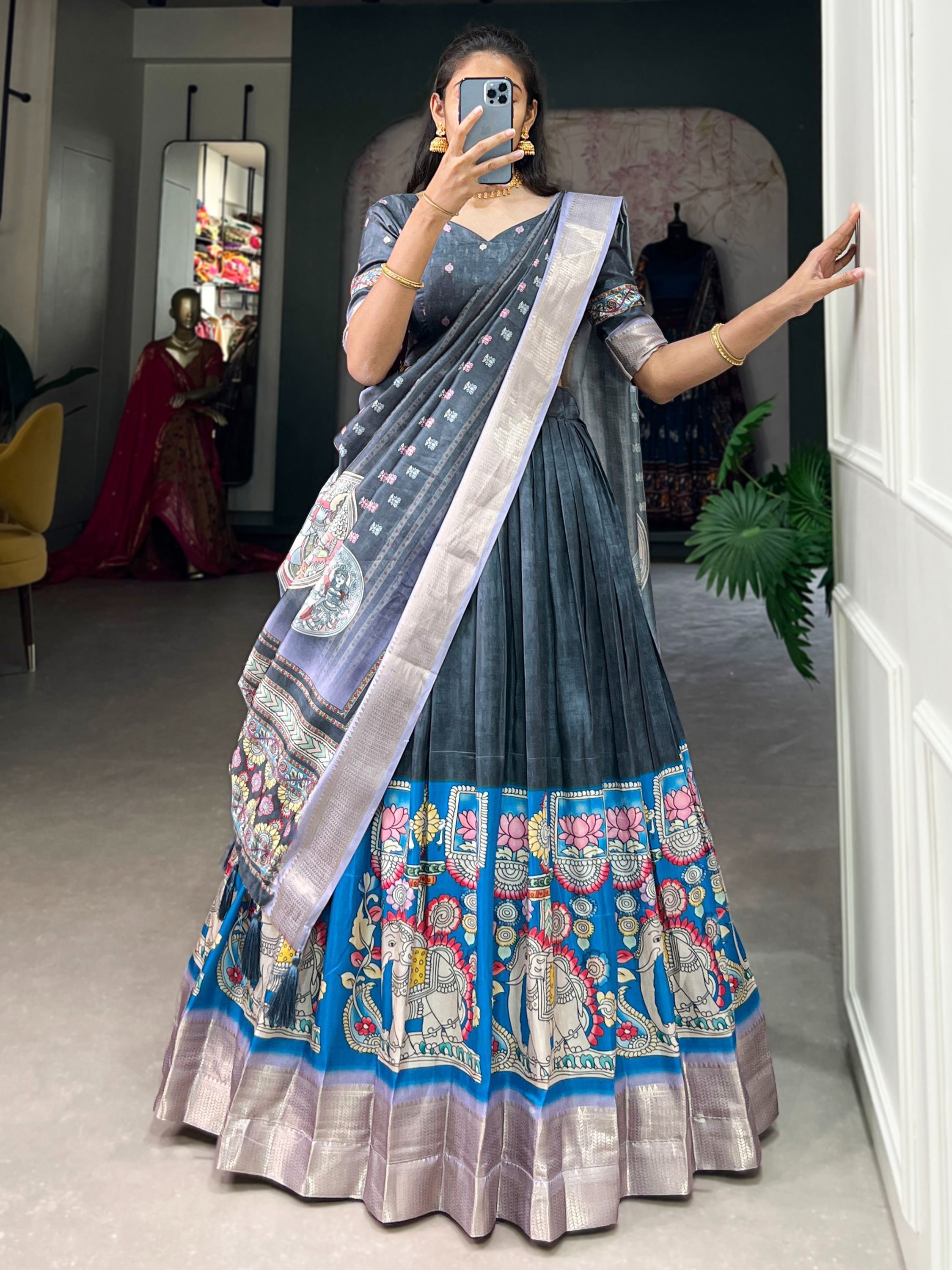 Bluish Grey Navratri Special Kalamkari Printed Silk Lehenga Choli