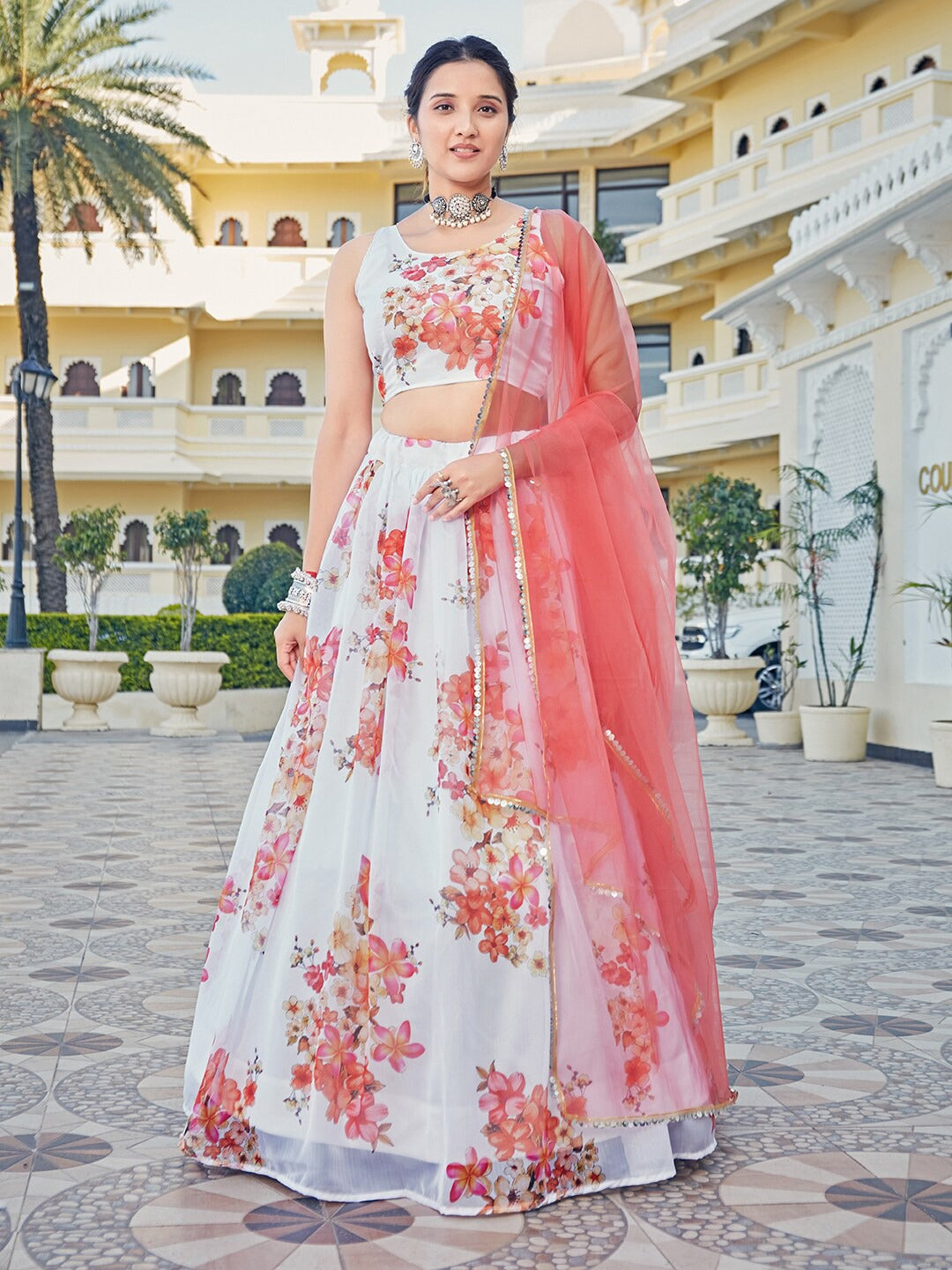 White & Pink Floral Printed Organza Lehenga Choli