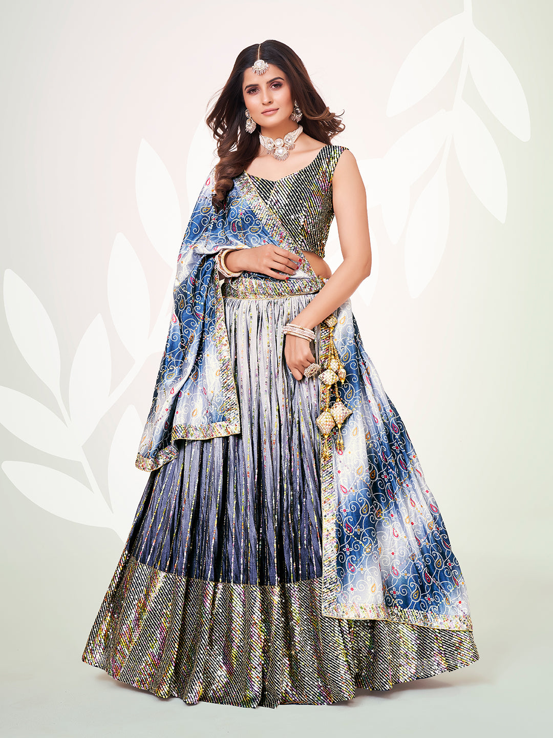 Blue & Grey Navratri Wear Chinon Silk Lehenga Choli