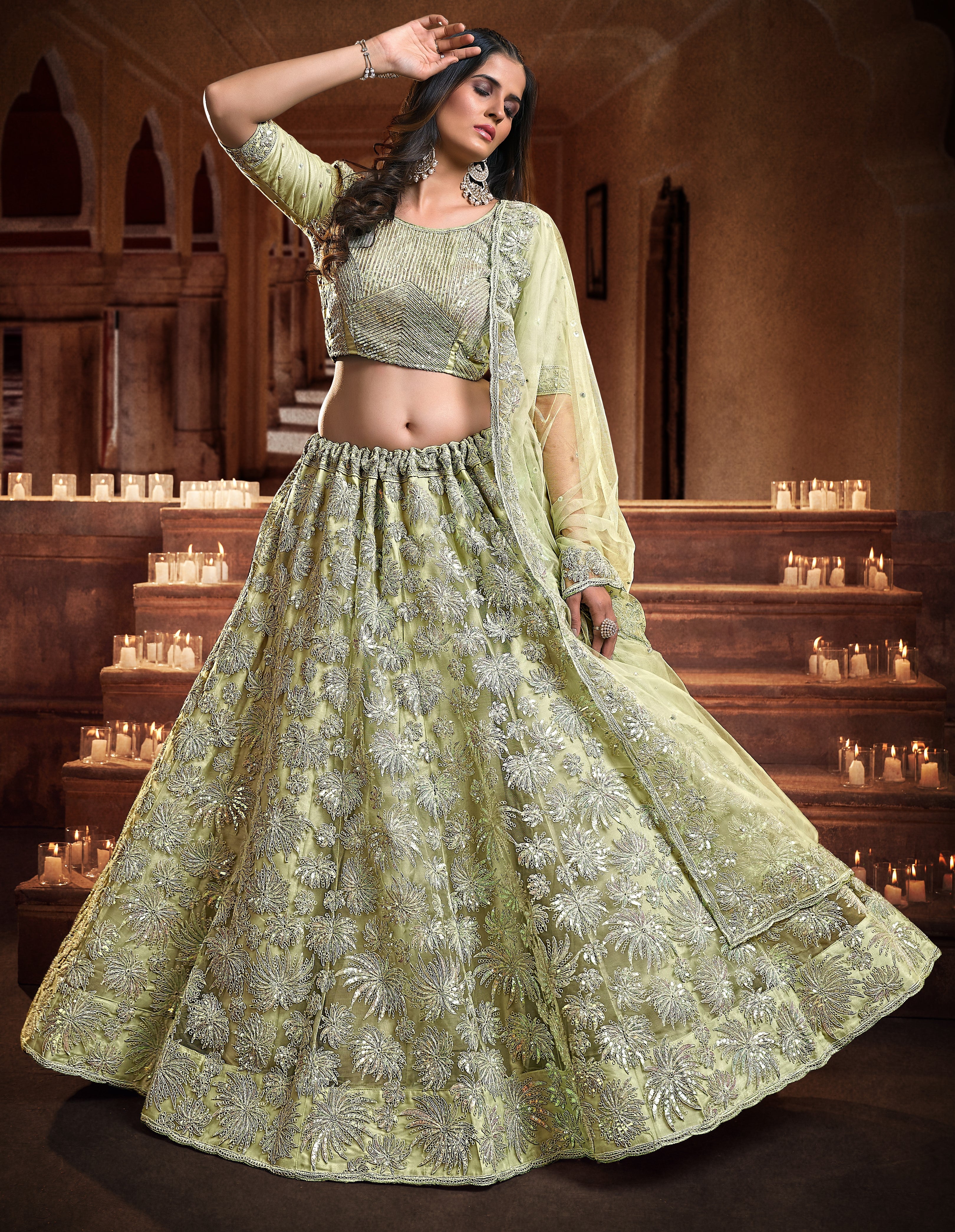 Sea Green and Golden Embroidered Sangeet Special Lehenga and Blouse With Dupatta