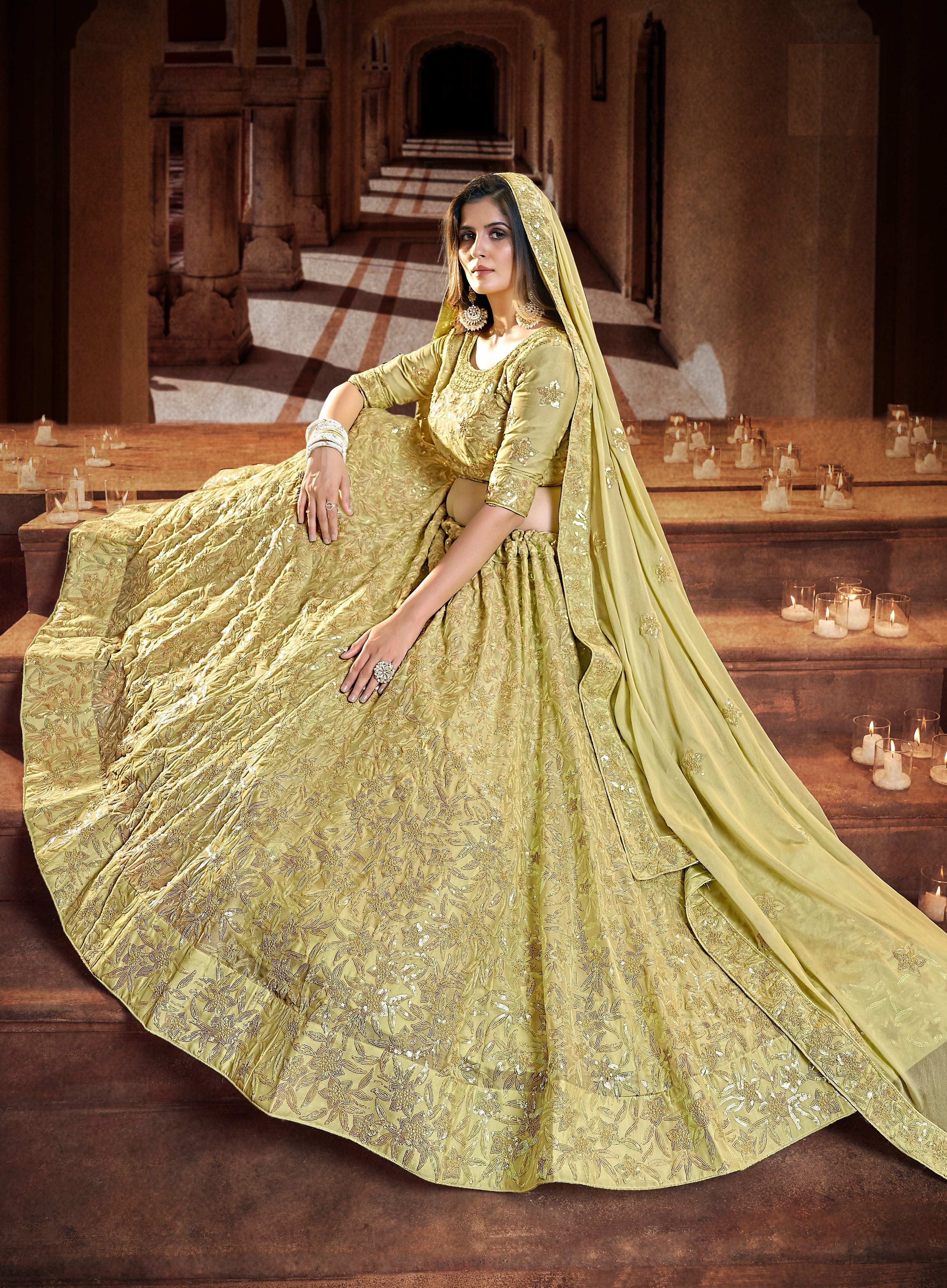 Yellow and Golden Embroidered Sangeet Special Lehenga and Blouse With Dupatta