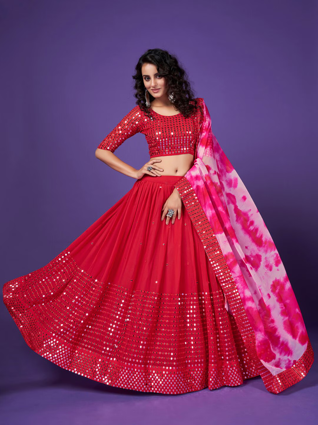 Red Sequins Embroidered Sangeet Lehenga Choli