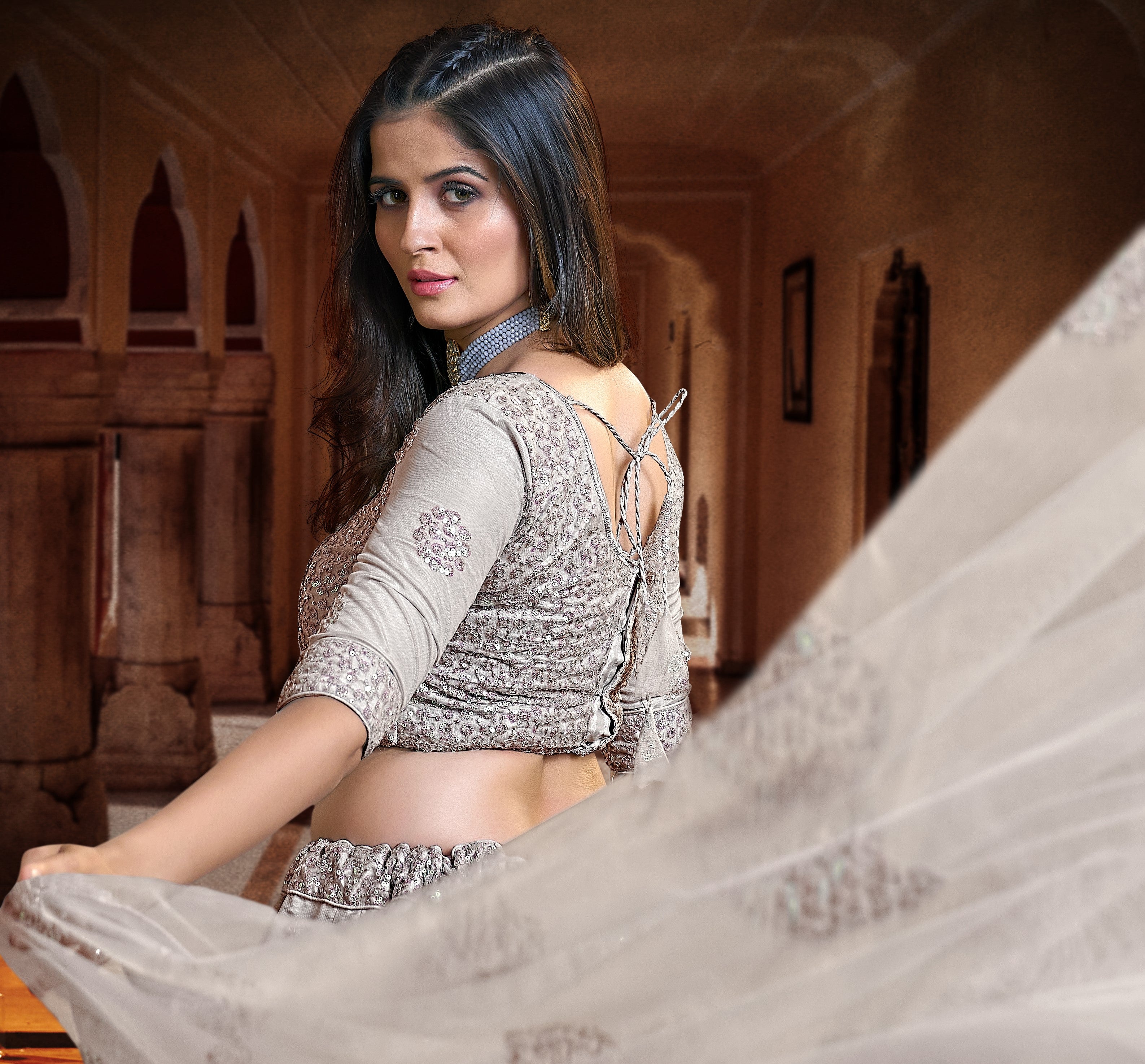 Party Wear Grey and Silver Toned Sequinned Sangeet Special Lehenga and Blouse With Dupatta