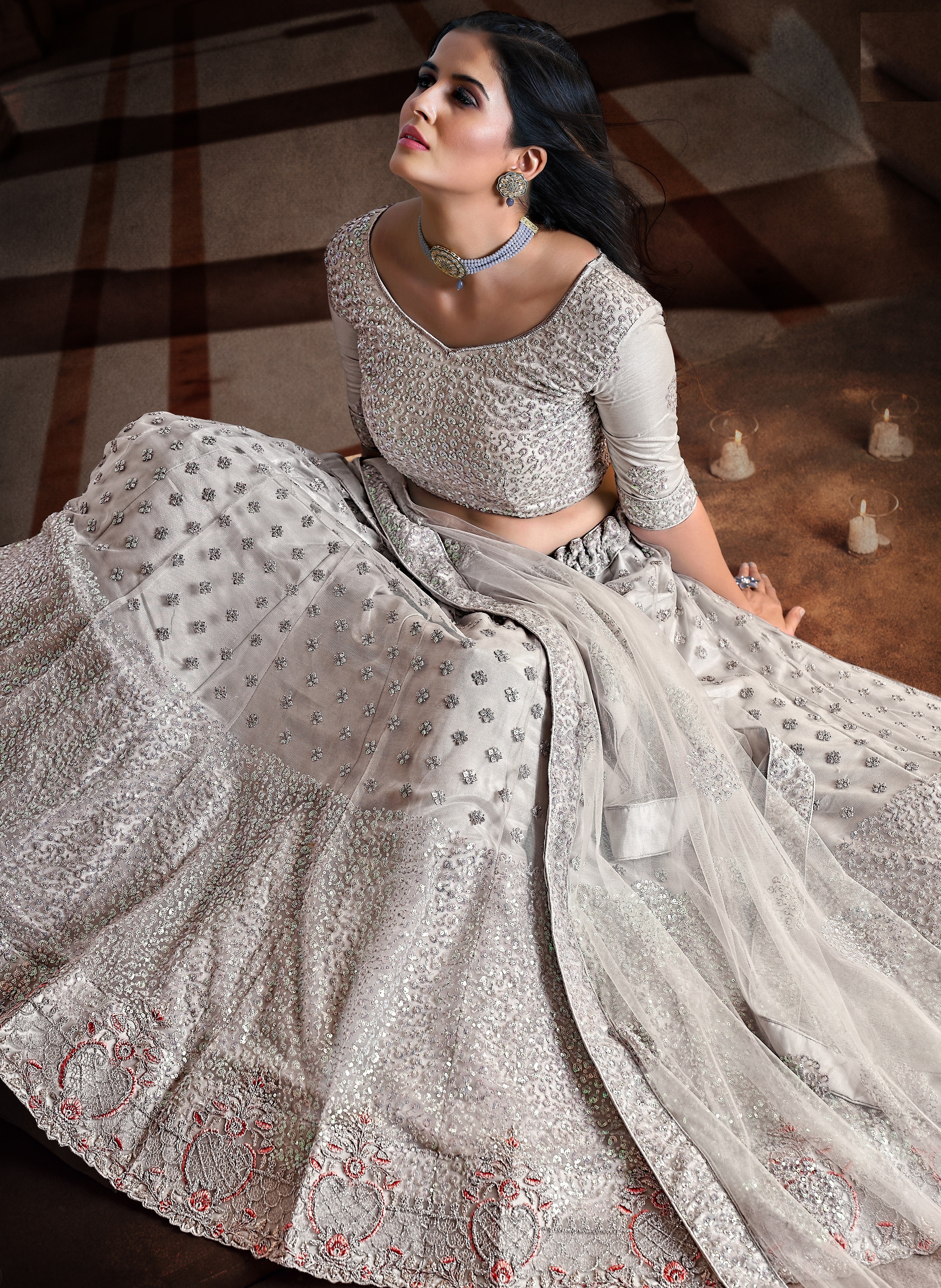 Grey Embroidered Sangeet Special Lehenga and Blouse With Dupatta