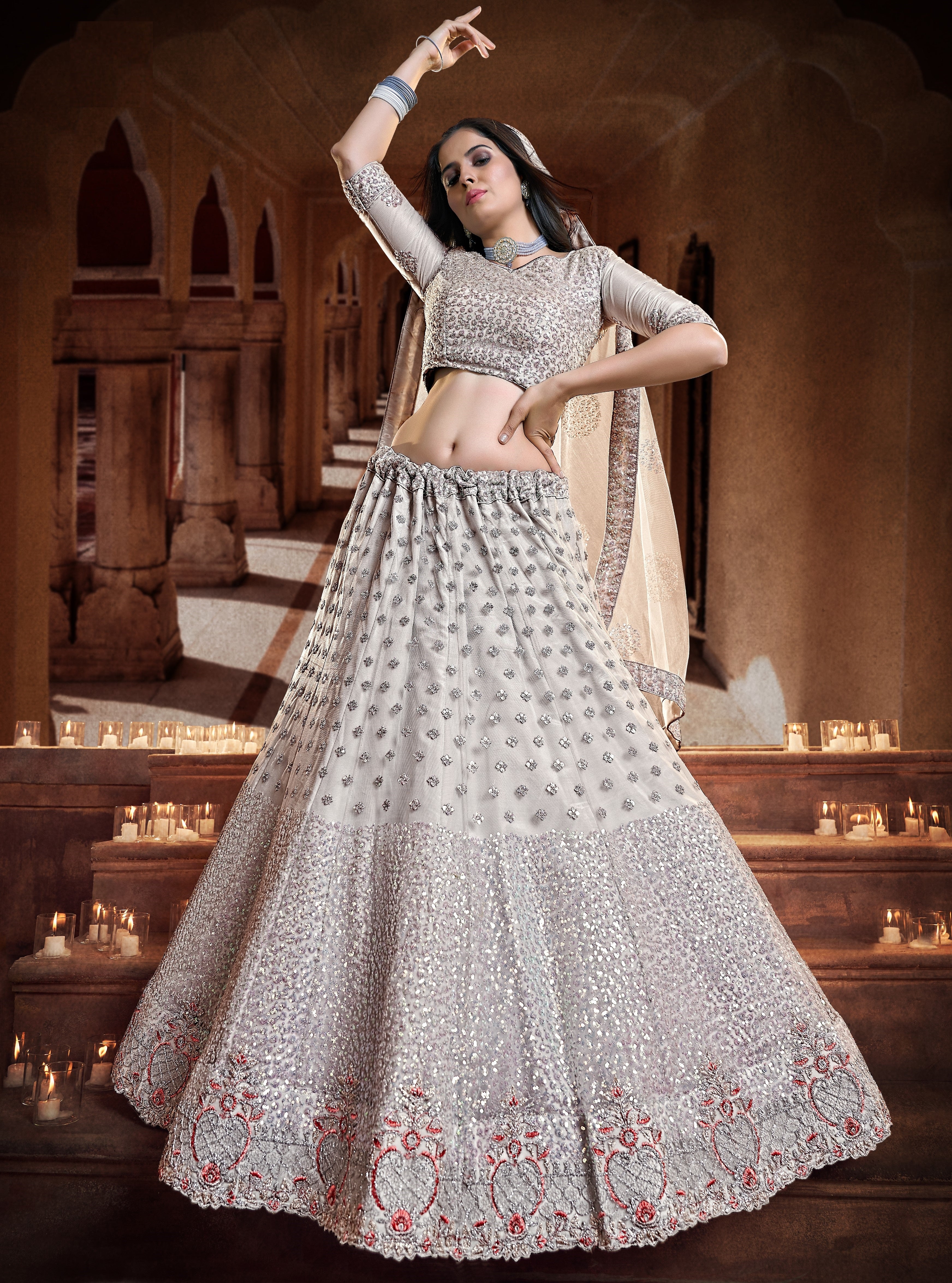 Party Wear Grey and Silver Toned Sequinned Sangeet Special Lehenga and Blouse With Dupatta