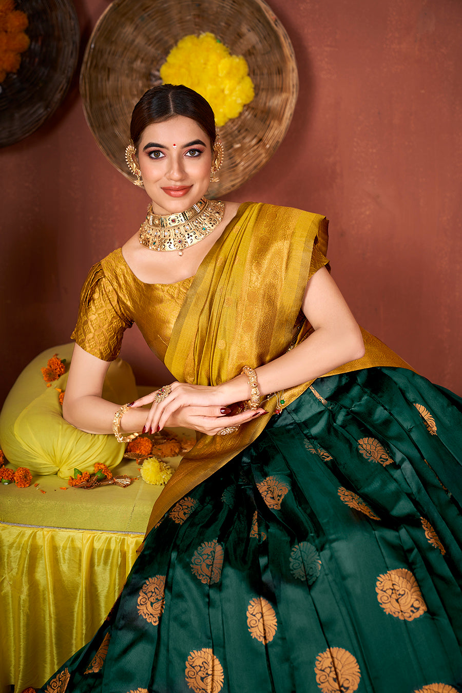 Bottle Green & Mustard Banarasi Silk Half Saree Lehenga Choli