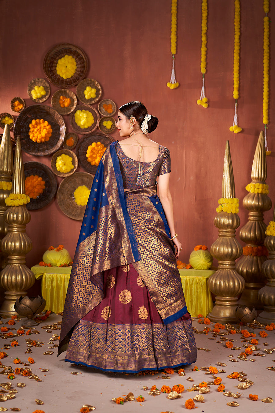 Maroon & Blue Banarasi Silk Half Saree Lehenga Choli