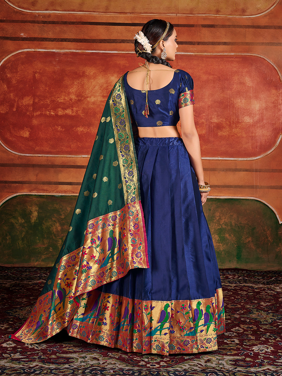 Blue & Green Zari Woven Paithani Silk Half Saree Lehenga