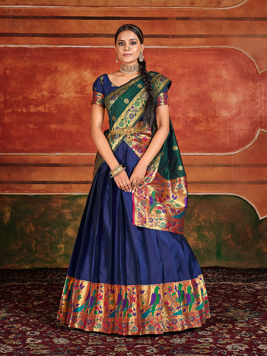 Blue & Green Zari Woven Paithani Silk Half Saree Lehenga