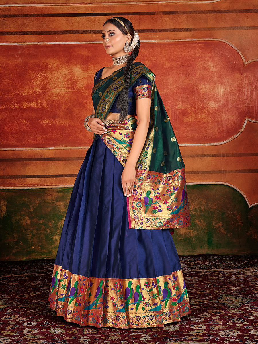 Blue & Green Zari Woven Paithani Silk Half Saree Lehenga