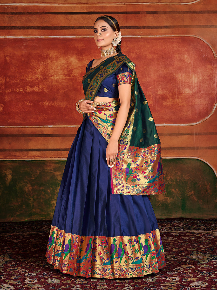 Blue & Green Zari Woven Paithani Silk Half Saree Lehenga