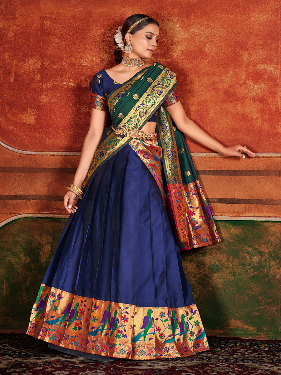 Blue & Green Zari Woven Paithani Silk Half Saree Lehenga