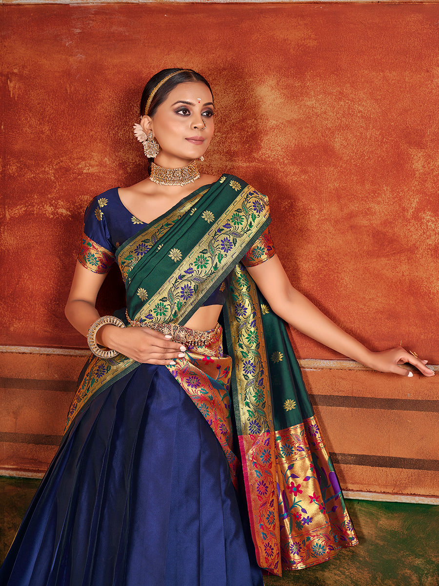 Blue & Green Zari Woven Paithani Silk Half Saree Lehenga