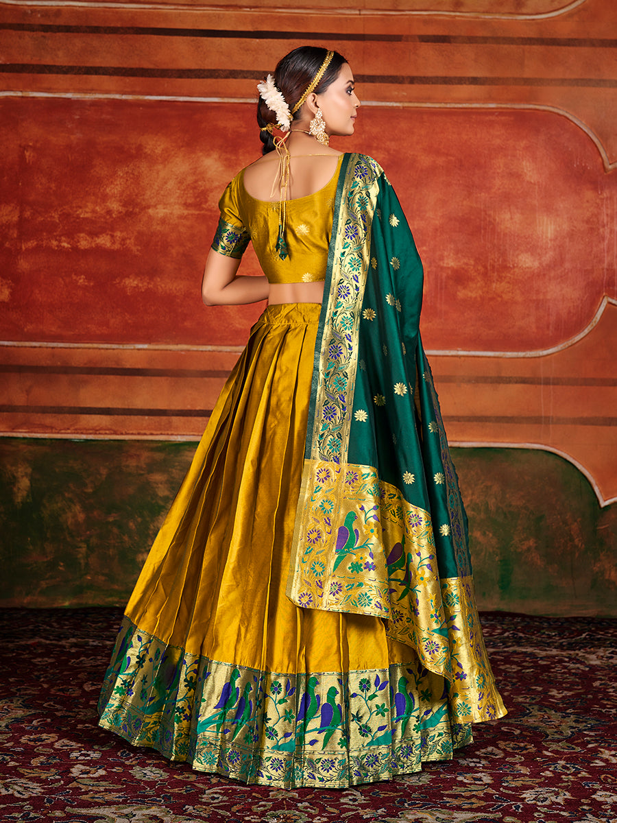 Gold Yellow & Green Zari Woven Paithani Silk Half Saree Lehenga