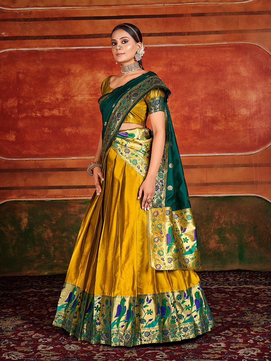 Gold Yellow & Green Zari Woven Paithani Silk Half Saree Lehenga