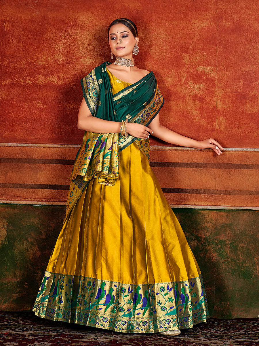 Gold Yellow & Green Zari Woven Paithani Silk Half Saree Lehenga