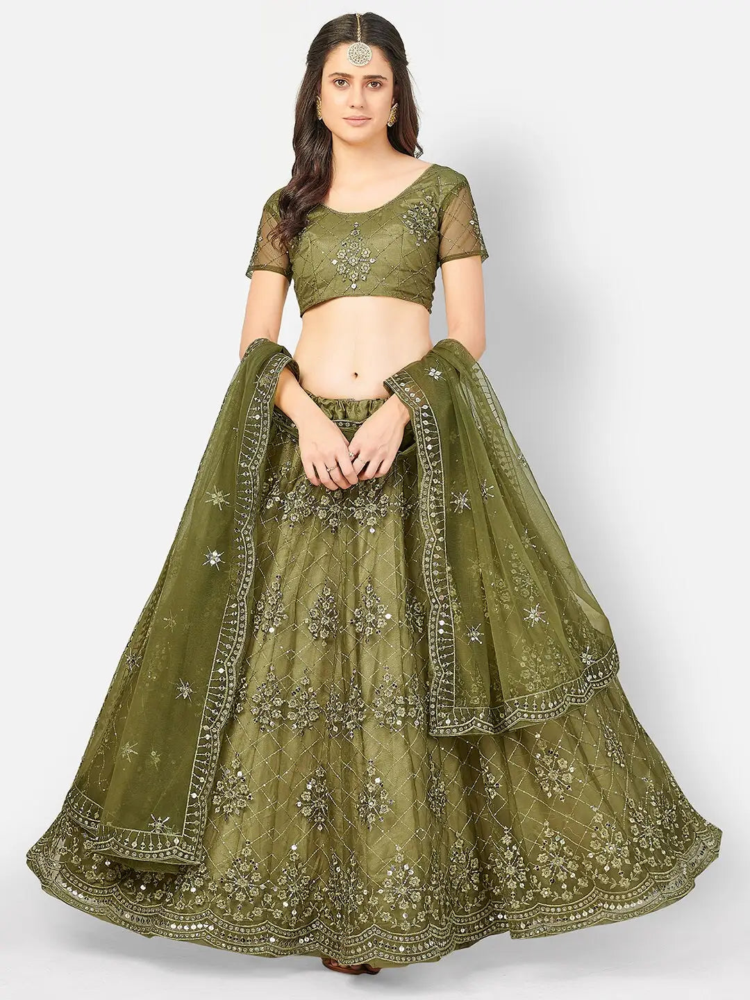 India's Popular Lime Green and Silver Sequins Thread Work Lehenga and Blouse With Dupatta