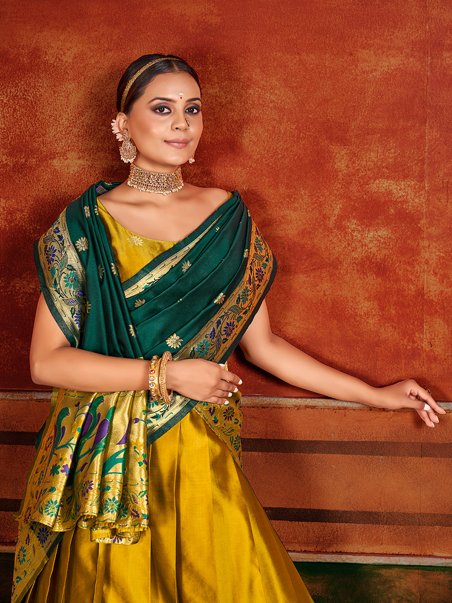 Gold Yellow & Green Zari Woven Paithani Silk Half Saree Lehenga