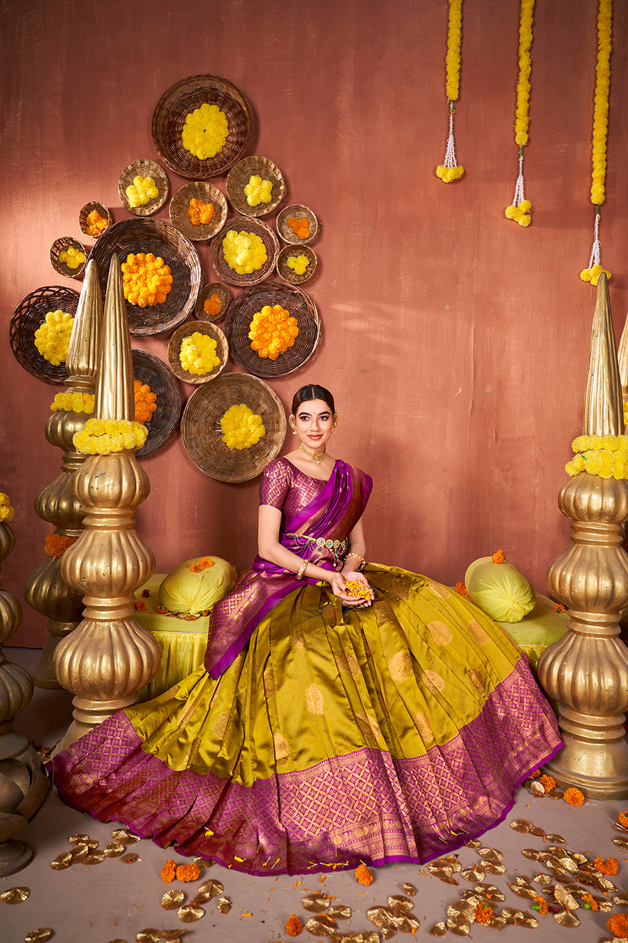 Mustard & Purple Banarasi Silk Half Saree Lehenga Choli