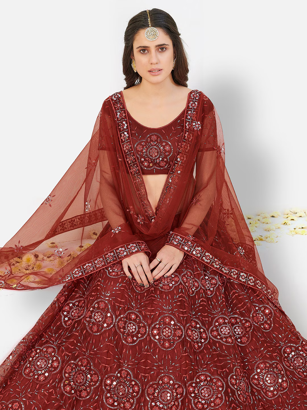 Maroon & Silver-Toned Embroidered Sequinned Lehenga & Blouse With Dupatta