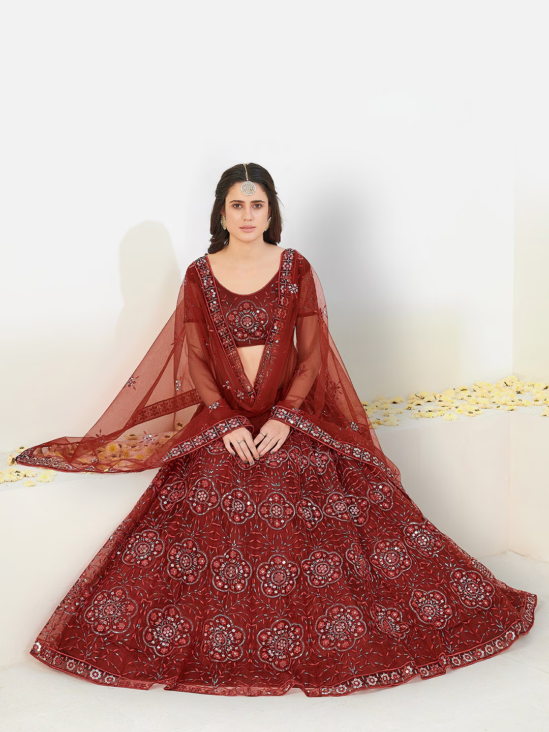 Maroon & Silver-Toned Embroidered Sequinned Lehenga & Blouse With Dupatta