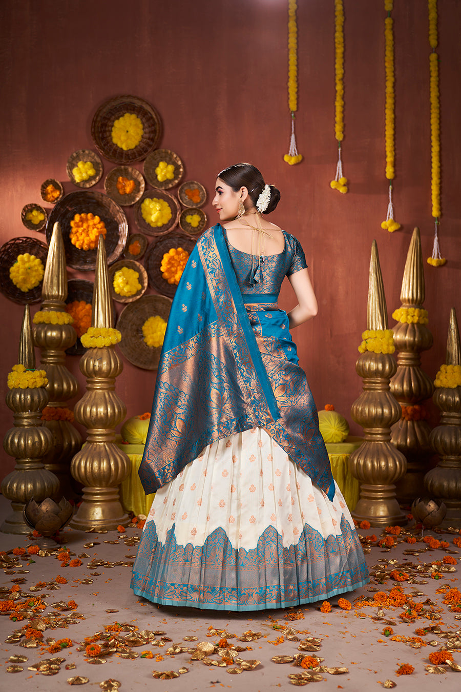 Off White & Blue Banarasi Silk Half Saree Lehenga Choli