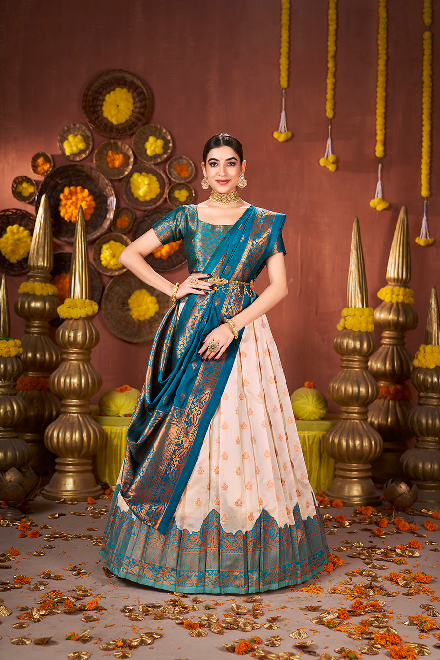 Off White & Blue Banarasi Silk Half Saree Lehenga Choli