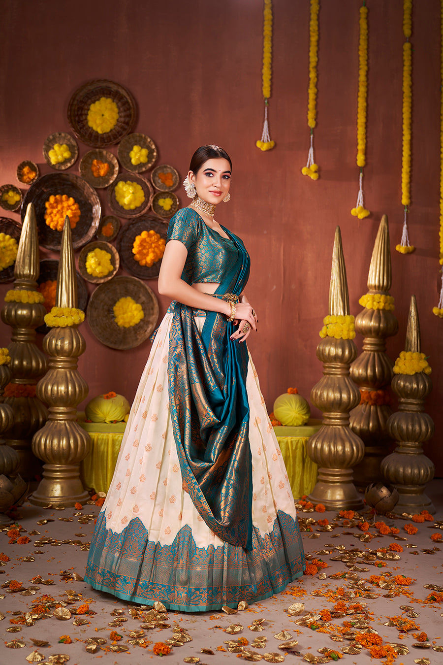 Off White & Blue Banarasi Silk Half Saree Lehenga Choli