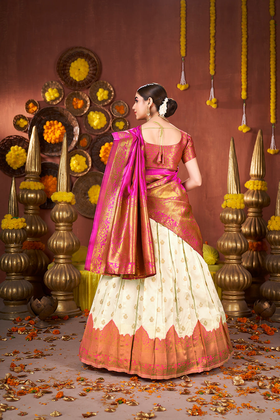 Off White & Pink Banarasi Silk Half Saree Lehenga Choli