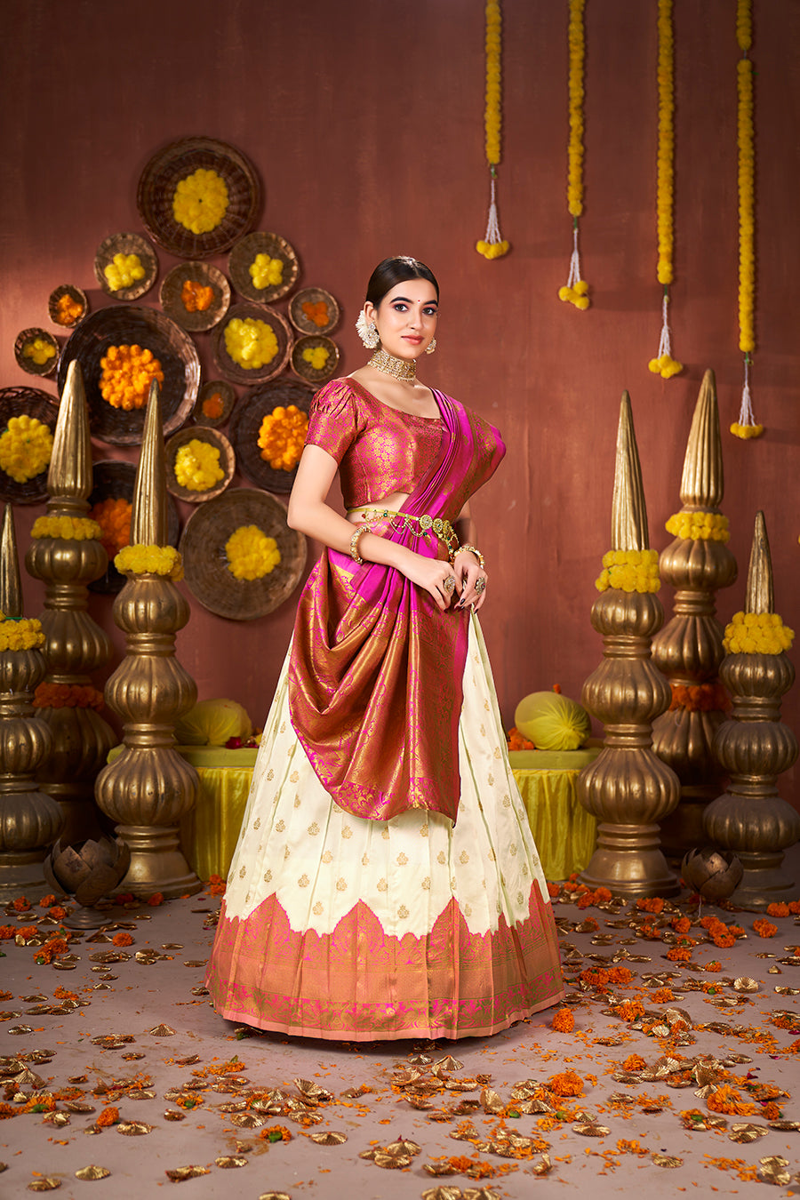 Off White & Pink Banarasi Silk Half Saree Lehenga Choli