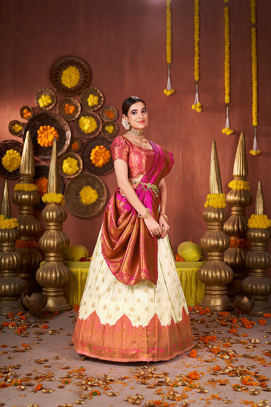 Off White & Pink Banarasi Silk Half Saree Lehenga Choli