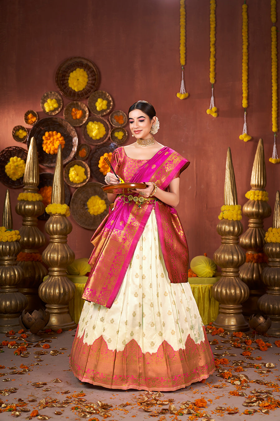 Off White & Pink Banarasi Silk Half Saree Lehenga Choli