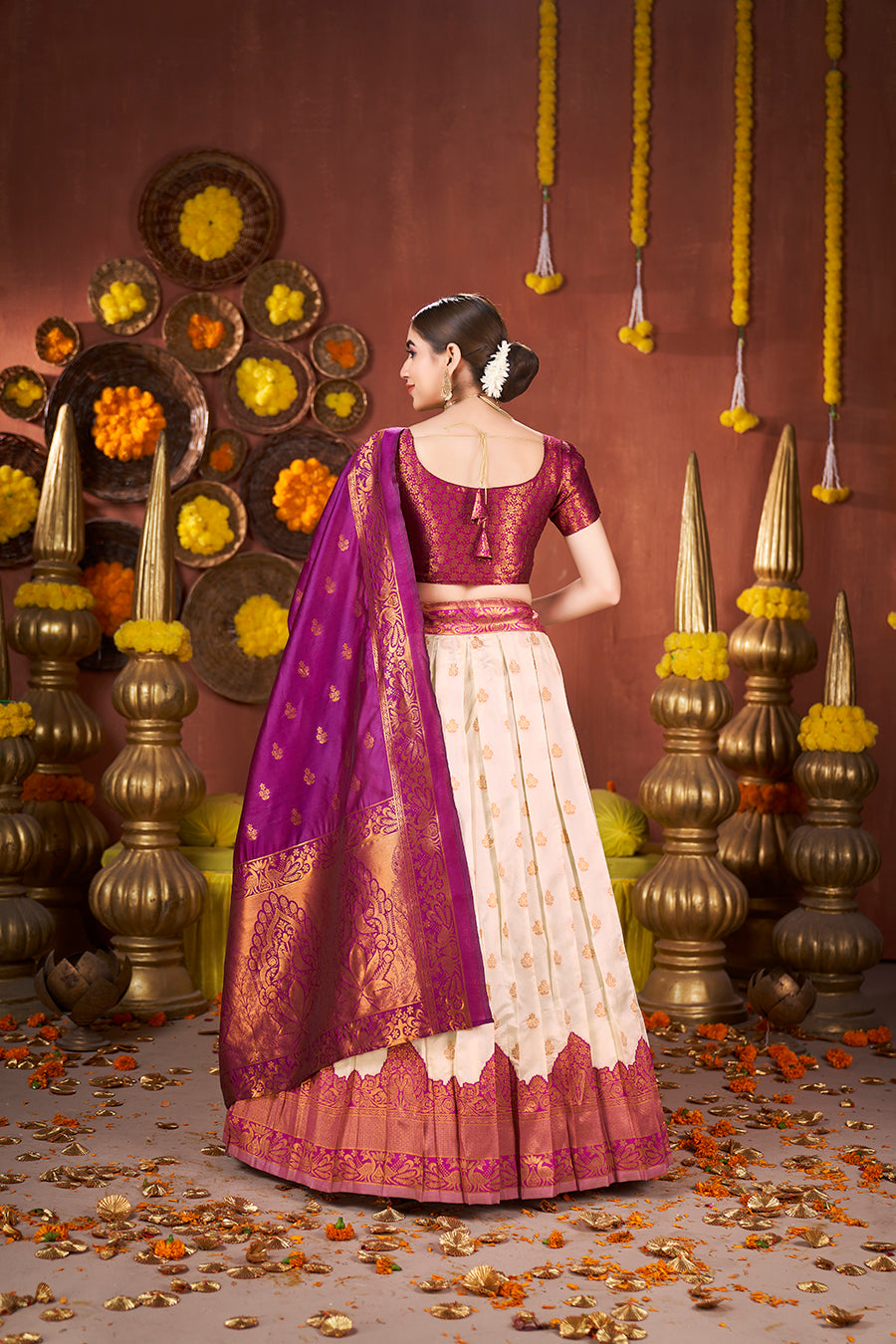 Off White & Purple Banarasi Silk Half Saree Lehenga Choli