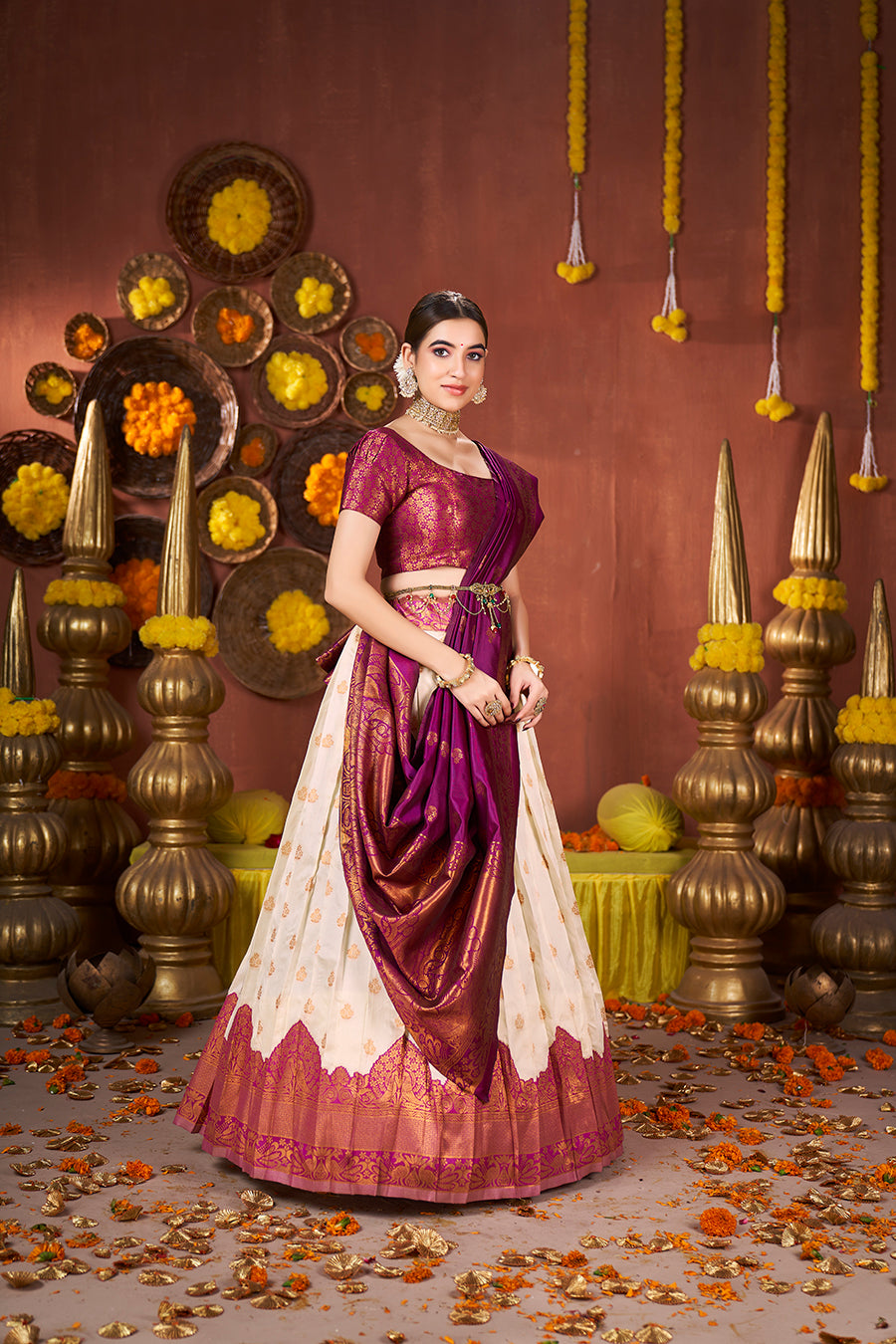 Off White & Purple Banarasi Silk Half Saree Lehenga Choli