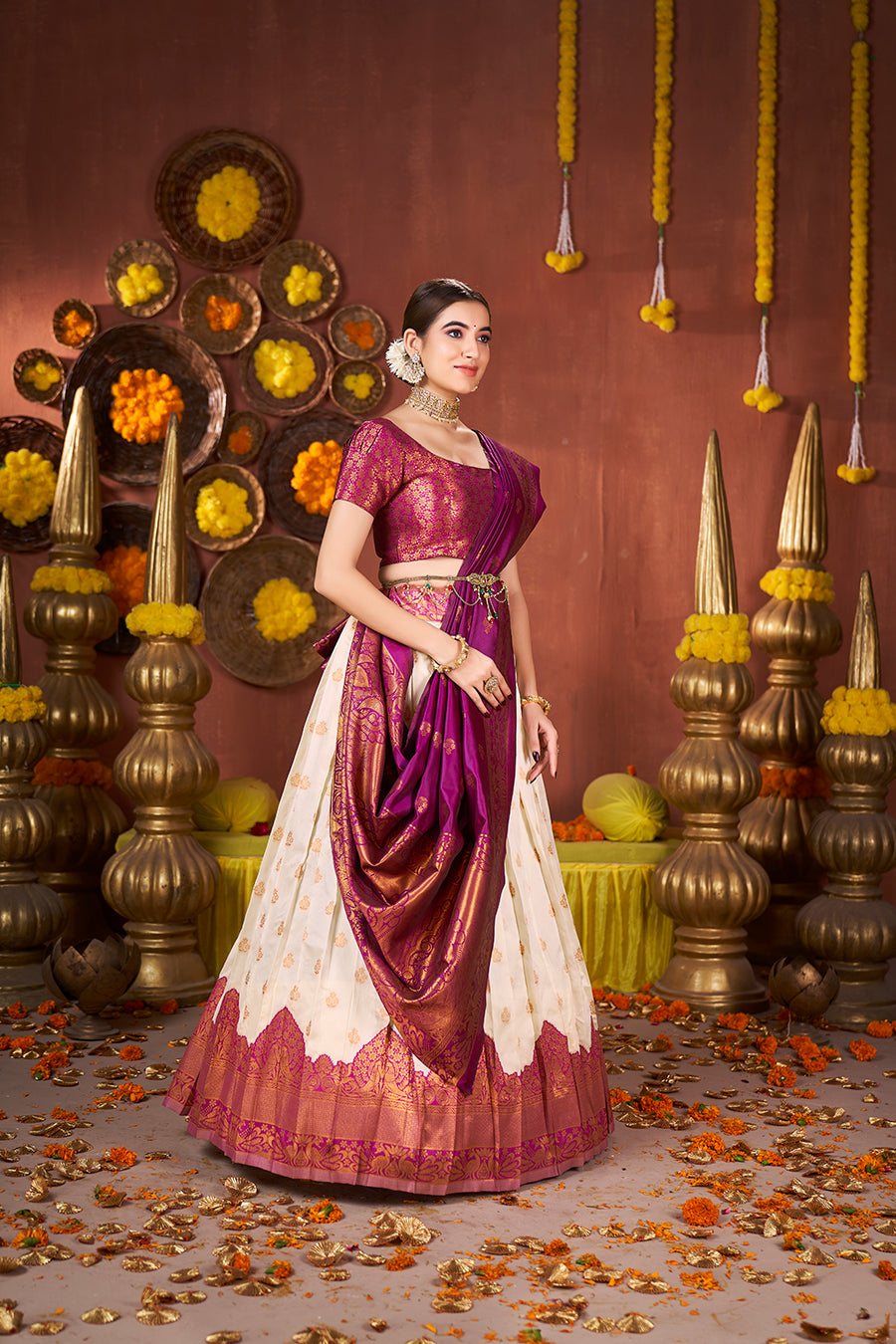 Off White & Purple Banarasi Silk Half Saree Lehenga Choli