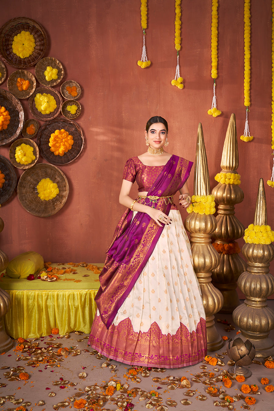 Off White & Purple Banarasi Silk Half Saree Lehenga Choli