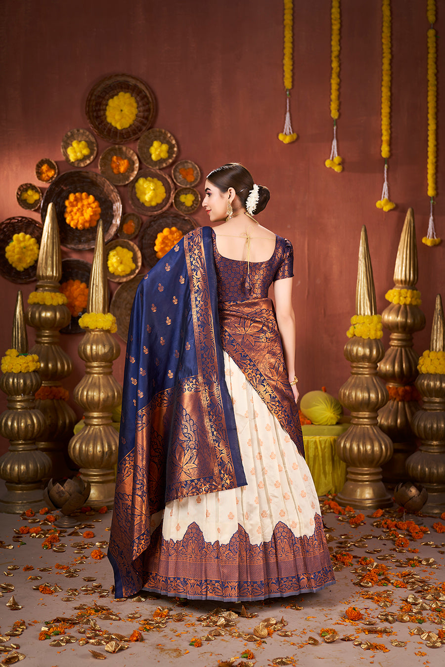 Off White & Navy Blue Banarasi Silk Half Saree Lehenga Choli