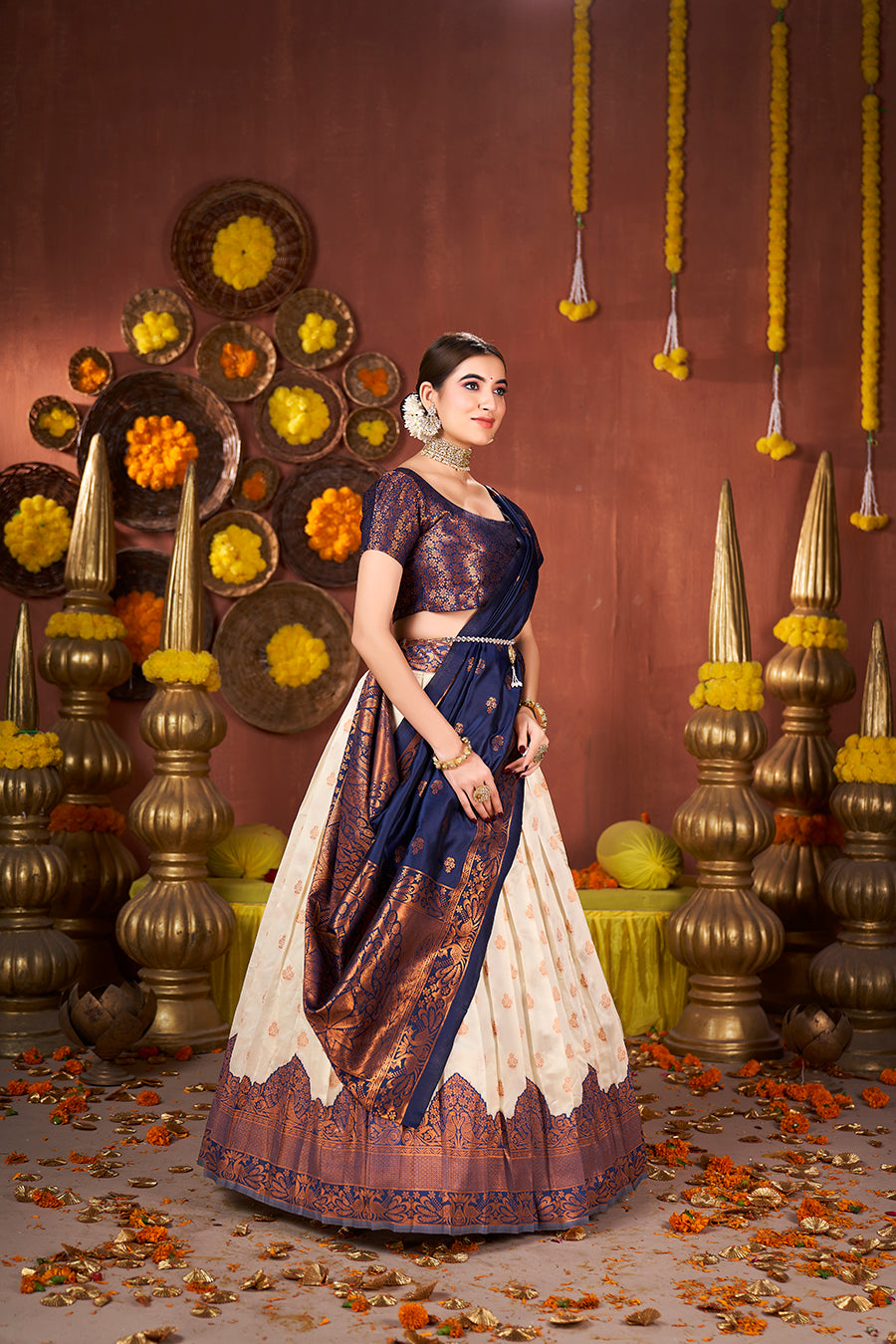 Off White & Navy Blue Banarasi Silk Half Saree Lehenga Choli