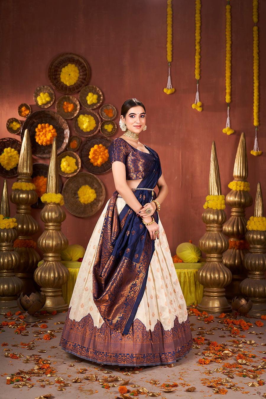 Off White & Navy Blue Banarasi Silk Half Saree Lehenga Choli