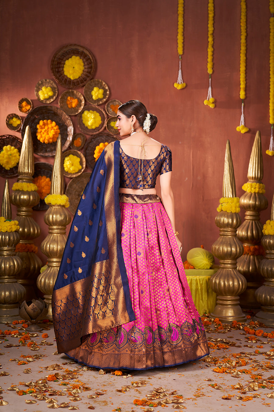 Pink & Blue Banarasi Silk Half Saree Lehenga Choli