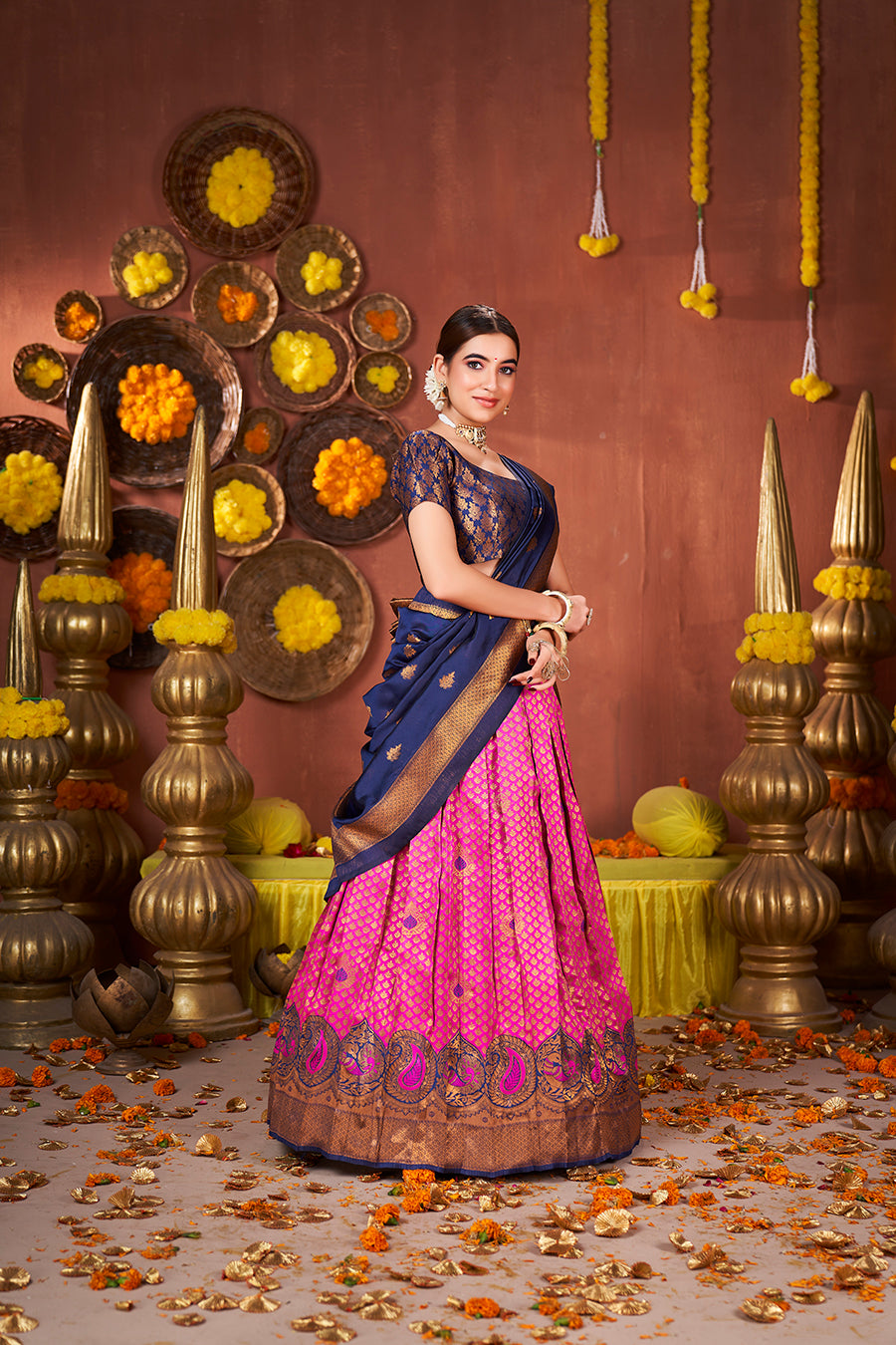 Pink & Blue Banarasi Silk Half Saree Lehenga Choli