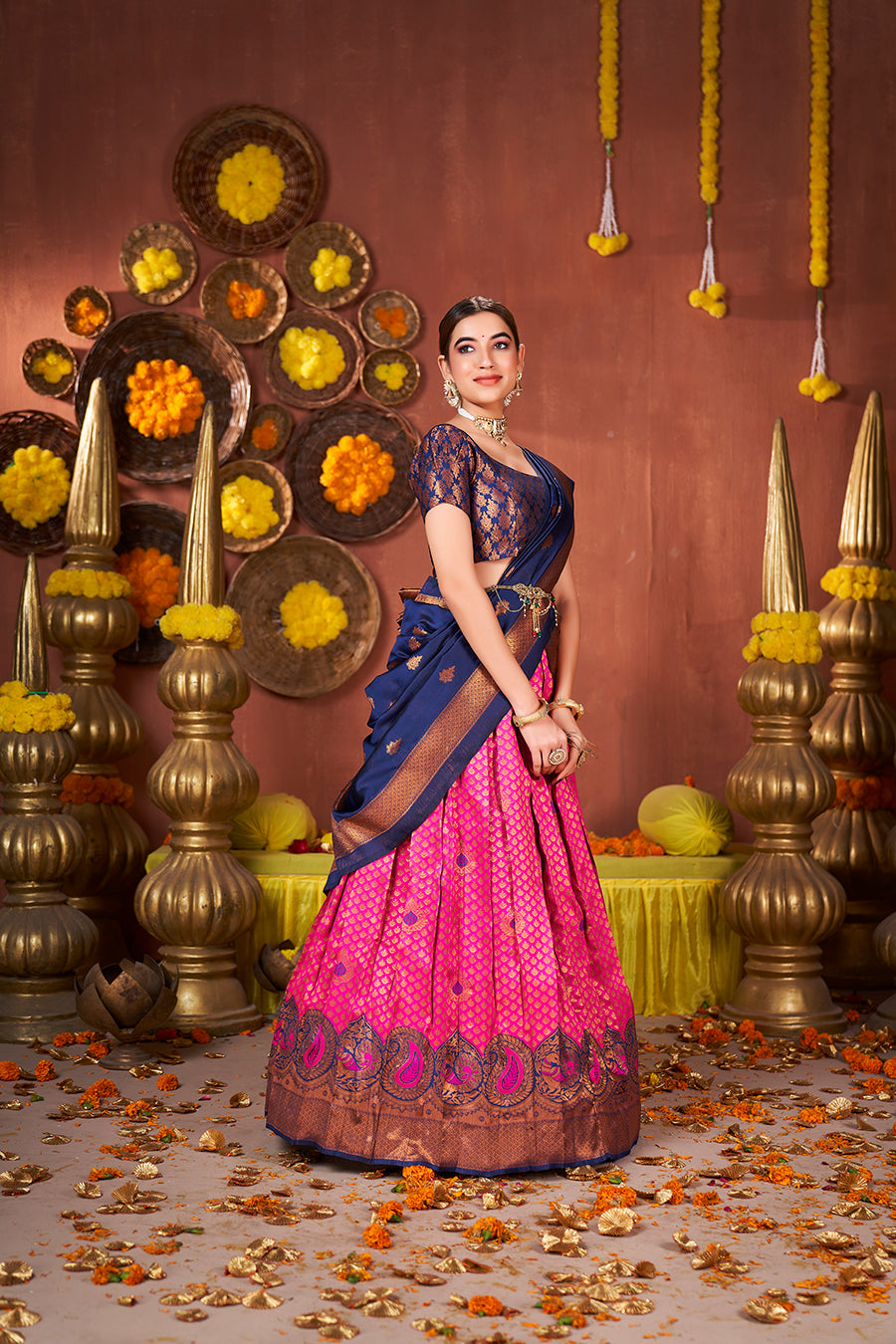 Pink & Blue Banarasi Silk Half Saree Lehenga Choli