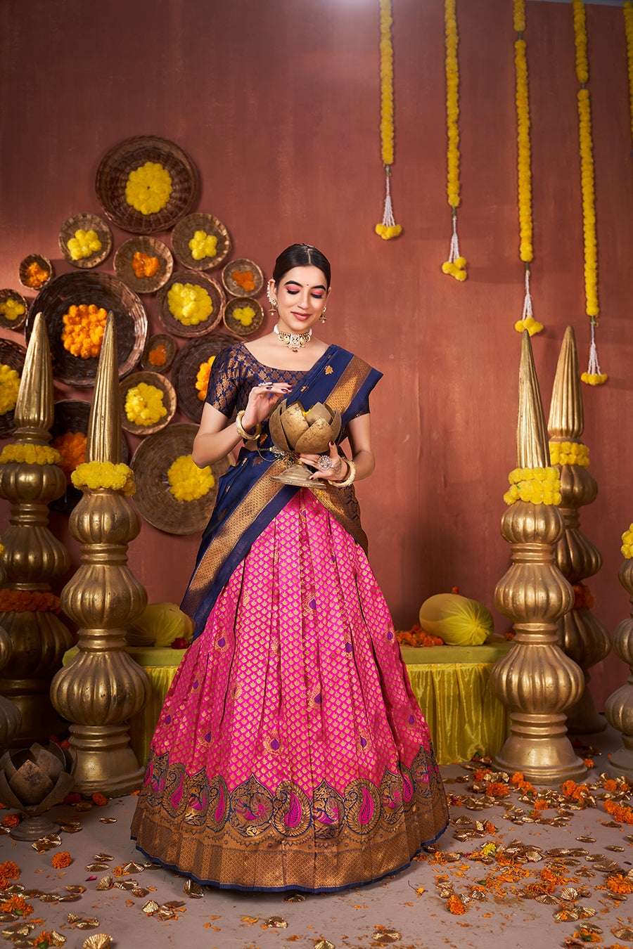 Pink & Blue Banarasi Silk Half Saree Lehenga Choli