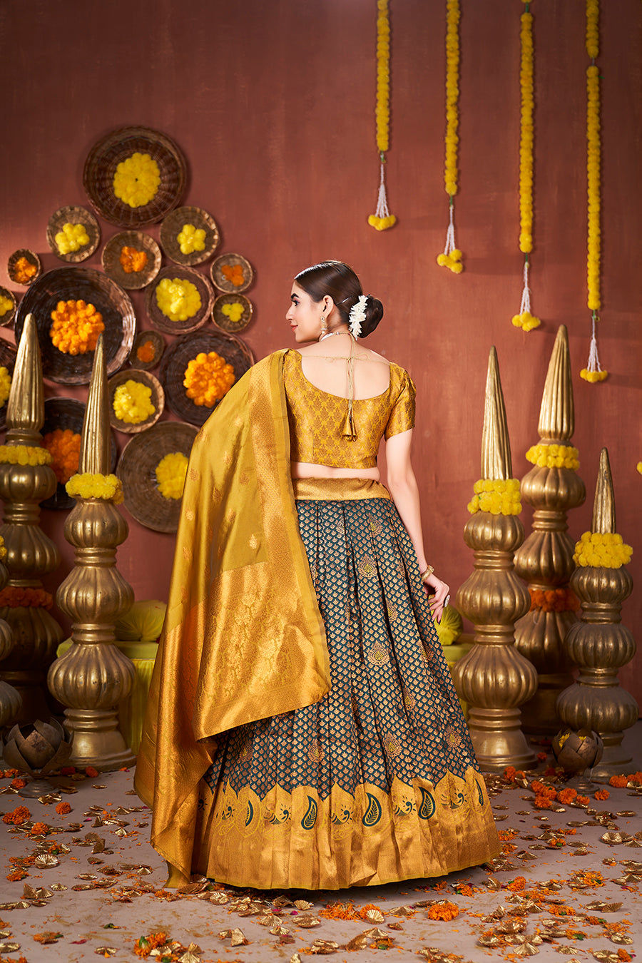 Teal & Mustard Banarasi Silk Half Saree Lehenga Choli